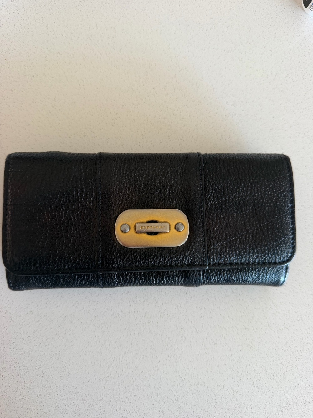 Vintage Burberry Black Leather Continental Wallet with Gold-Tone Plaque